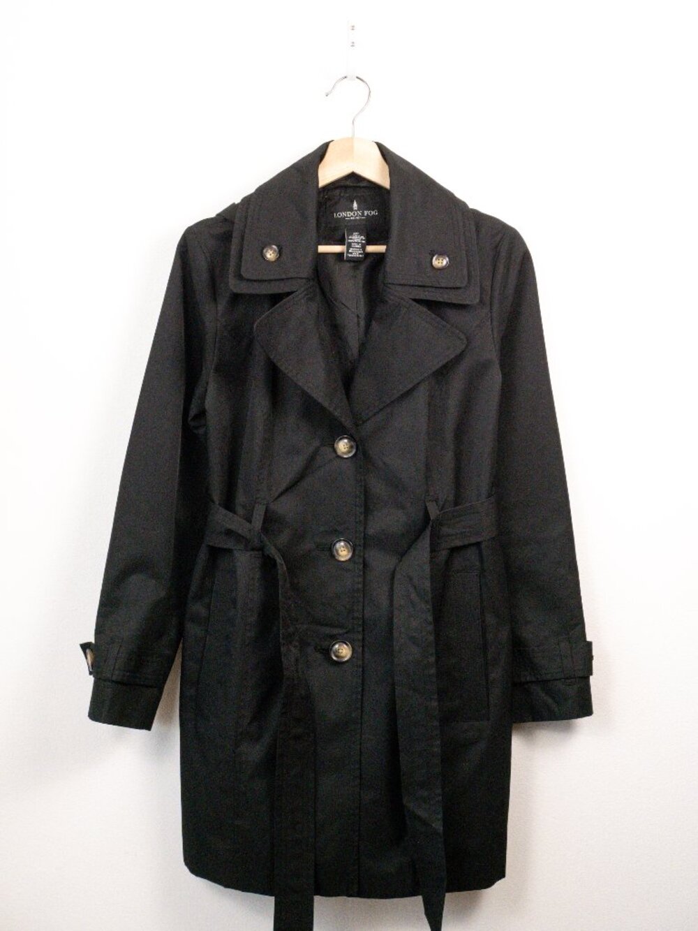 London Fog Women’s Hooded Belted Trench Coat Black Size S